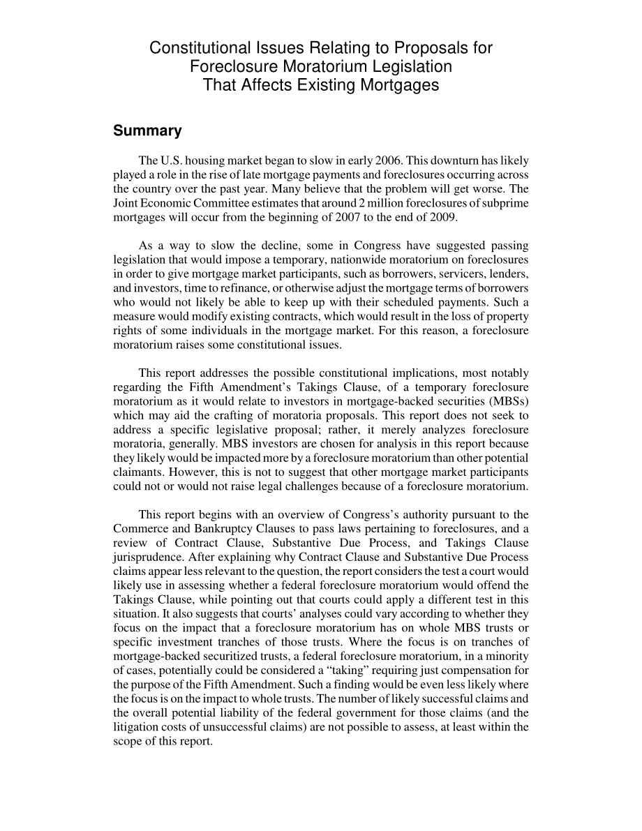 [20080610]RL34369_与影响现有抵押贷款的止赎延期立法提案相关的宪法问题.pdf_第2页