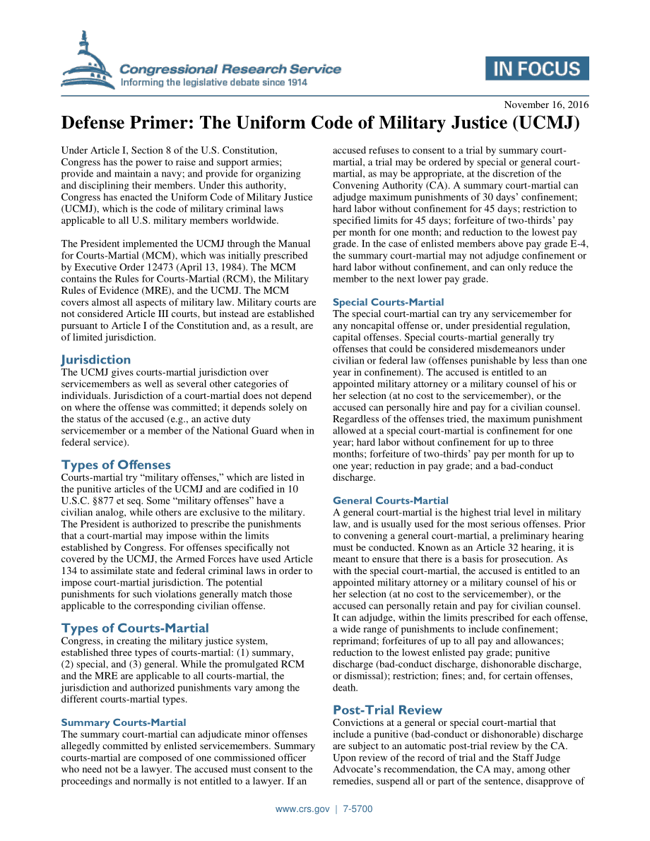 [20161116]IF10504_防务基础：《统一军事司法法典》（UCMJ）.pdf_第1页
