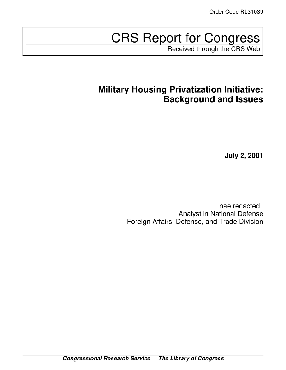 [20010702]RL31039_军事住房私有化倡议：背景和问题.pdf_第1页