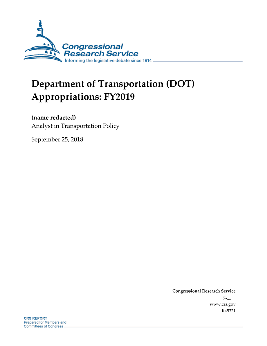 [20180925]R45321_交通运输部（DOT）拨款：2019财年.pdf_第1页