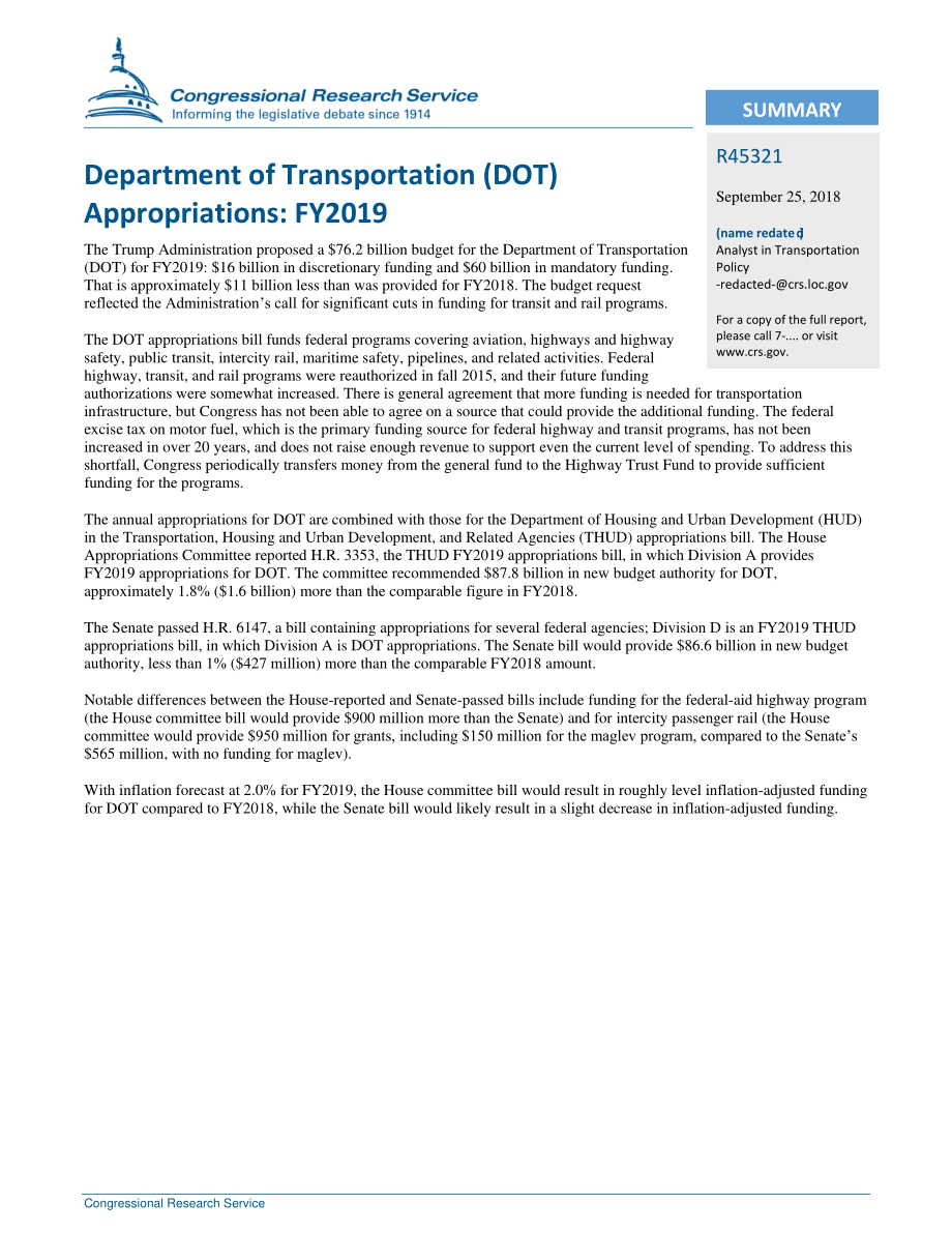 [20180925]R45321_交通运输部（DOT）拨款：2019财年.pdf_第2页
