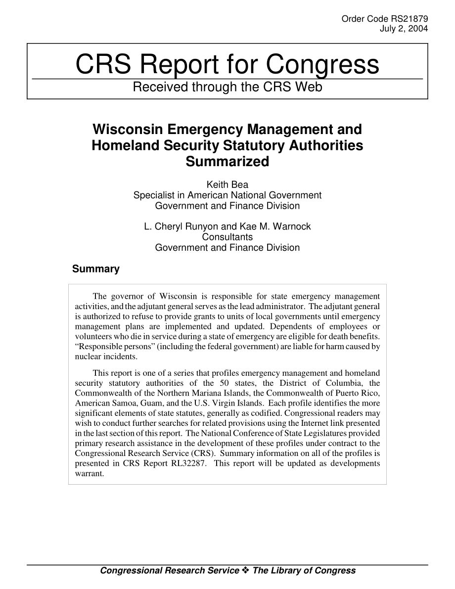 [20040702]RS21879_威斯康星州应急管理和国土安全法定机构总结.pdf_第1页