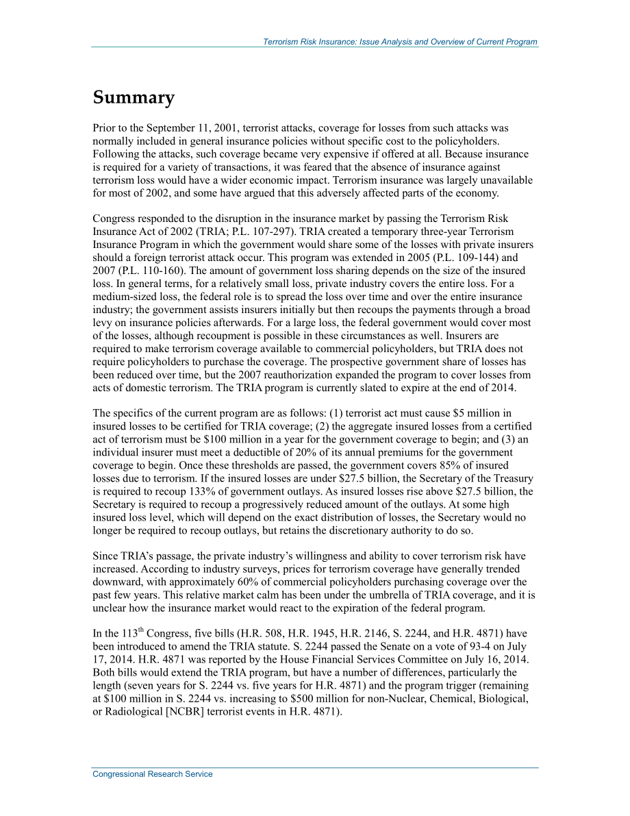 [20140723]R42716_恐怖主义风险保险：问题分析和当前计划概述.pdf_第2页