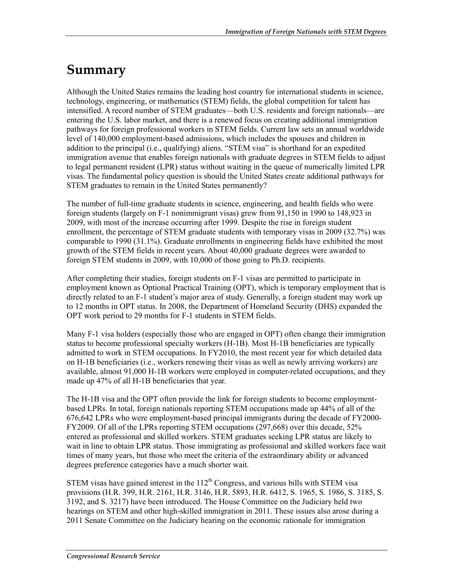 [20121217]R42530_拥有科学、技术、工程和数学（STEM）学位的外国人的移民 .pdf_第2页