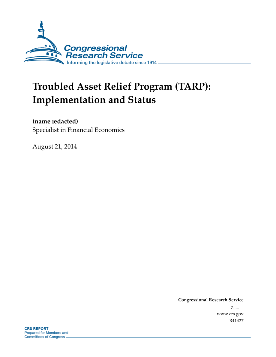 [20140821]R41427_问题资产救助计划（TARP）：实施和状态.pdf_第1页