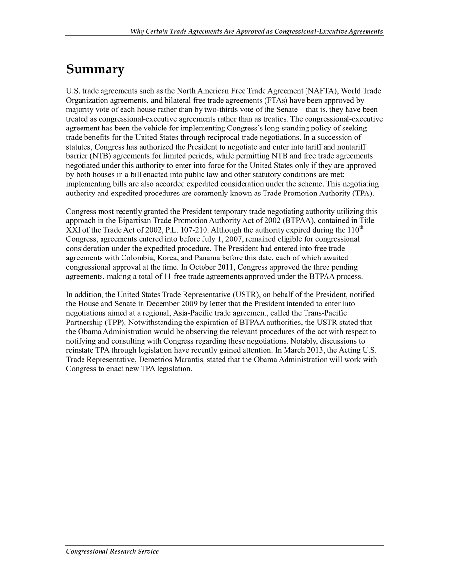 [20130415]97-896_为什么某些贸易协定被批准为国会行政协定而非条约.pdf_第2页