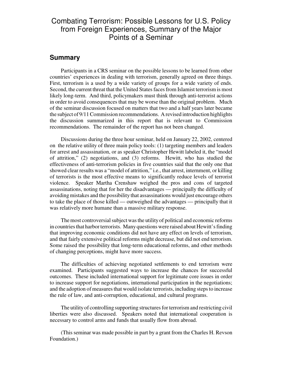 [20040806]RL31517_打击恐怖主义：美国政策可能从国外经验中吸取的教训总结研讨会的要点.pdf_第2页
