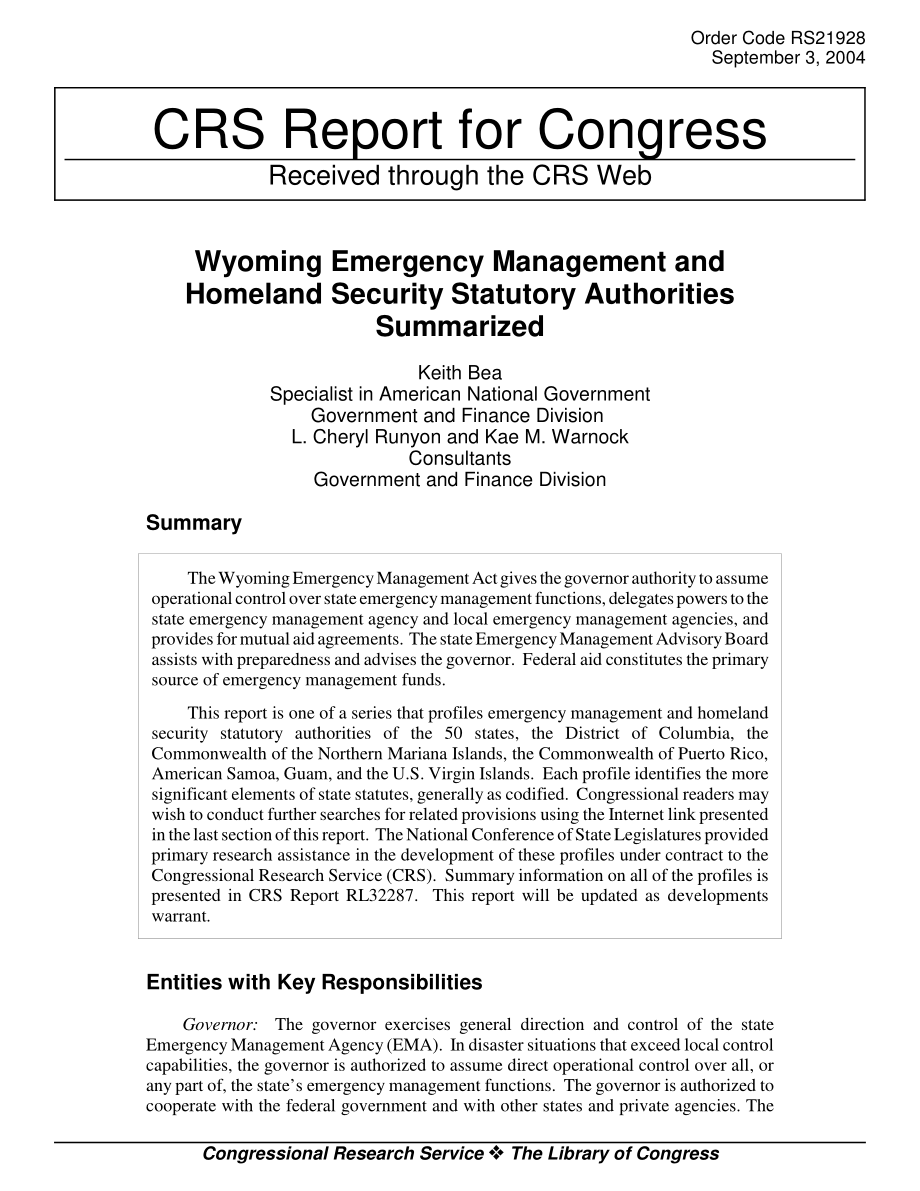 [20040903]RS21928_怀俄明州应急管理和国土安全法定机构总结.pdf_第1页