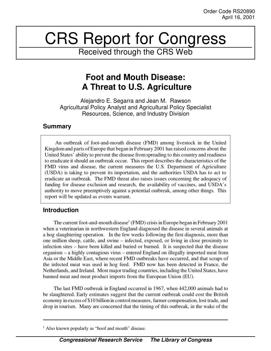 [20010416]RS20890_口蹄疫：对美国农业的威胁.pdf_第1页