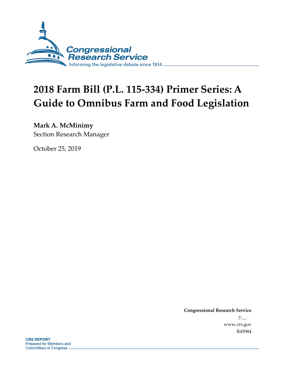 [20191025]R45984_2018年农业法案（P.L115-334）基础系列：综合农业和食品立法指南.pdf_第1页