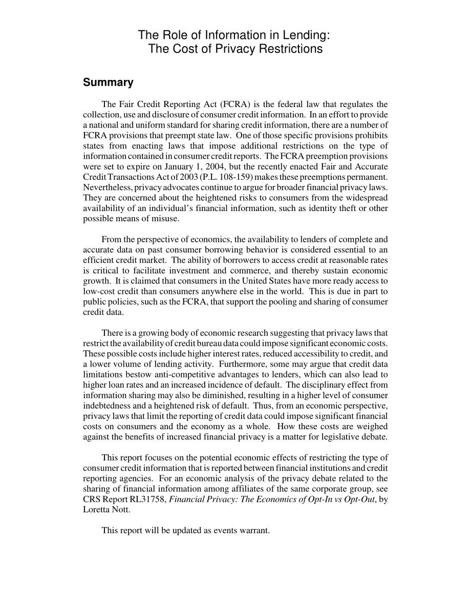 [20040129]RL31847_信息在贷款中的作用：隐私限制的成本.pdf_第2页