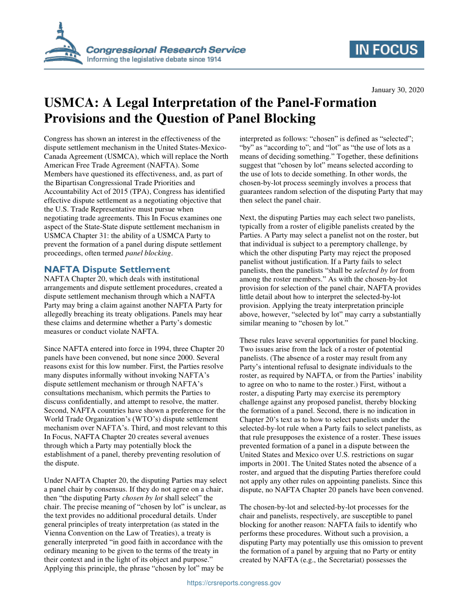 [20200130]IF11418_USMCA：对专家组组成条款和专家组阻止问题的法律解释.pdf_第1页