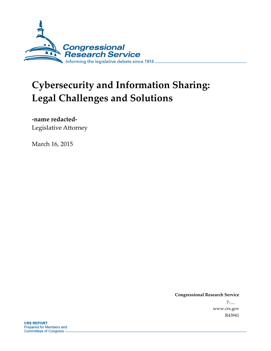 [20150316]R43941_网络安全和信息共享：法律挑战和解决方案.pdf_第1页