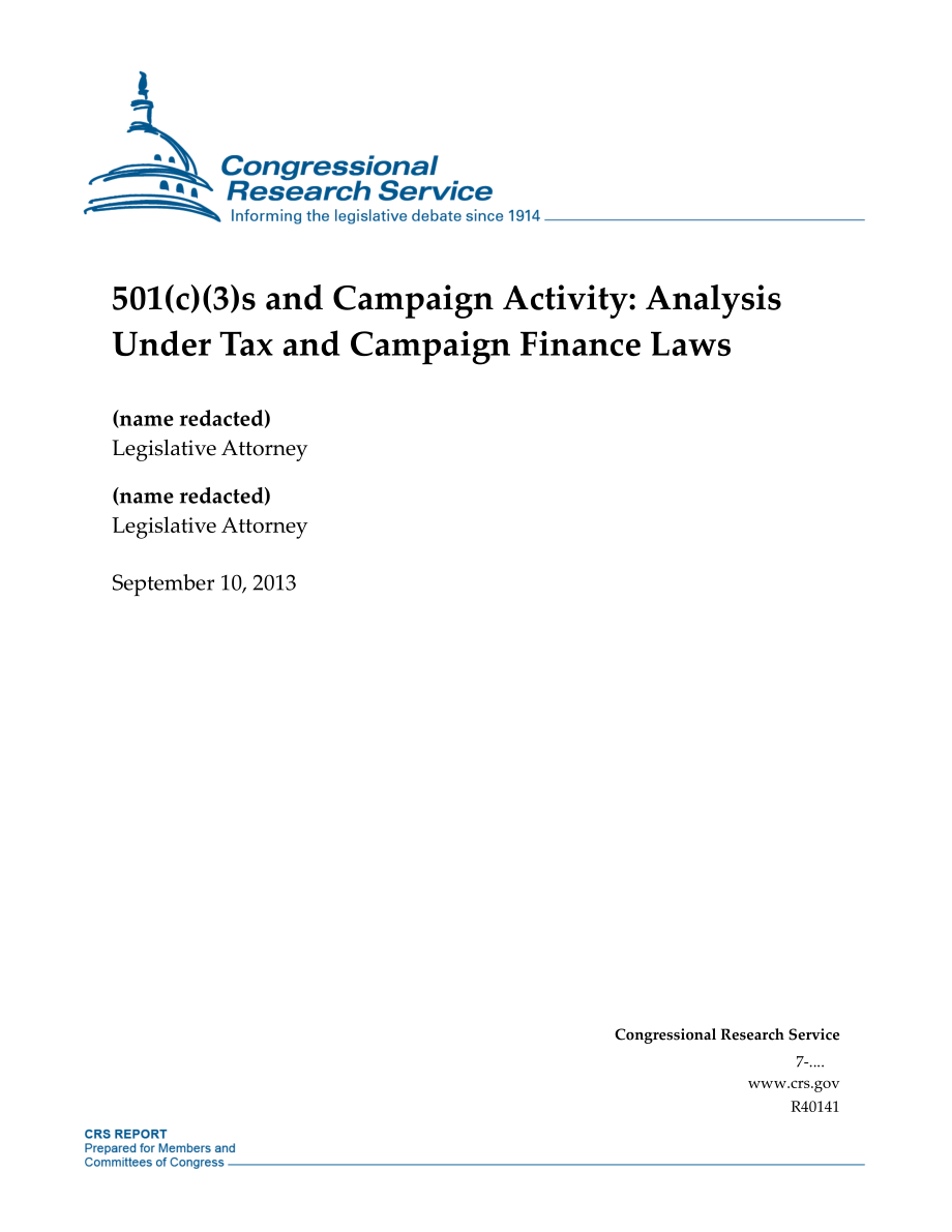 [20130910]R40141_501（c）（3）s和活动：税收和竞选融资法下的分析.pdf_第1页
