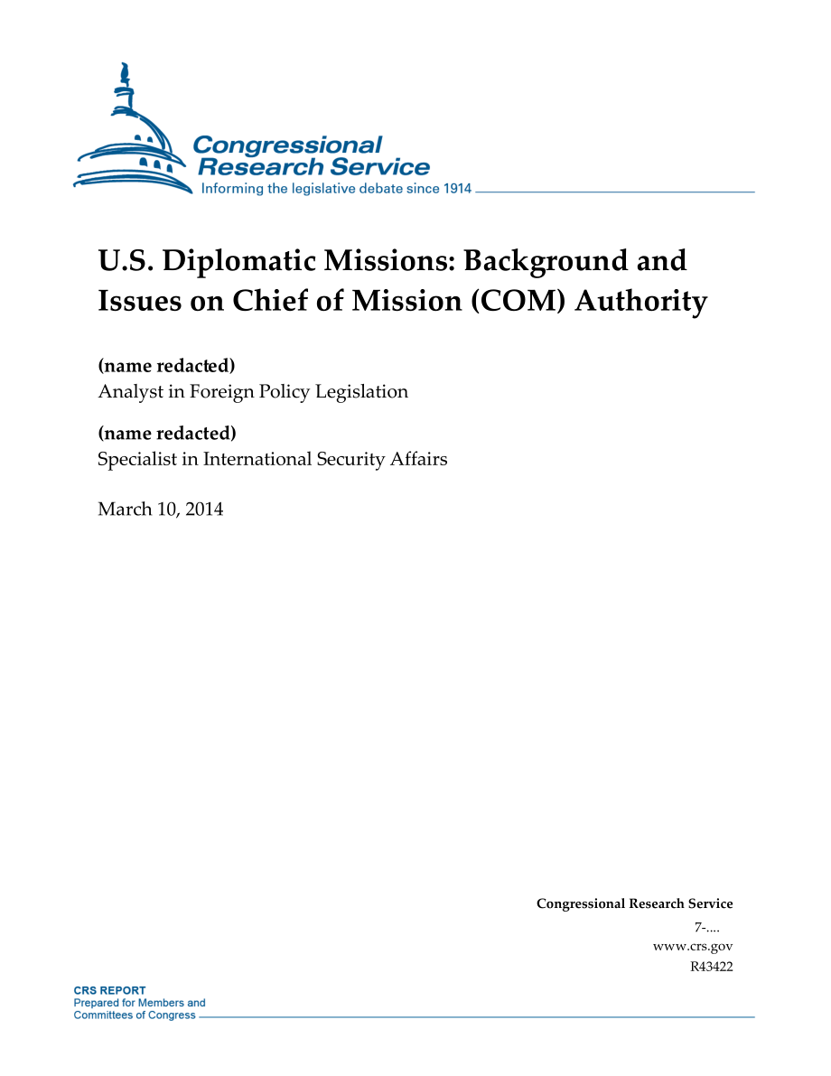 [20140310]R43422_美国外交使团：特派团团长（COM）授权的背景和问题.pdf_第1页