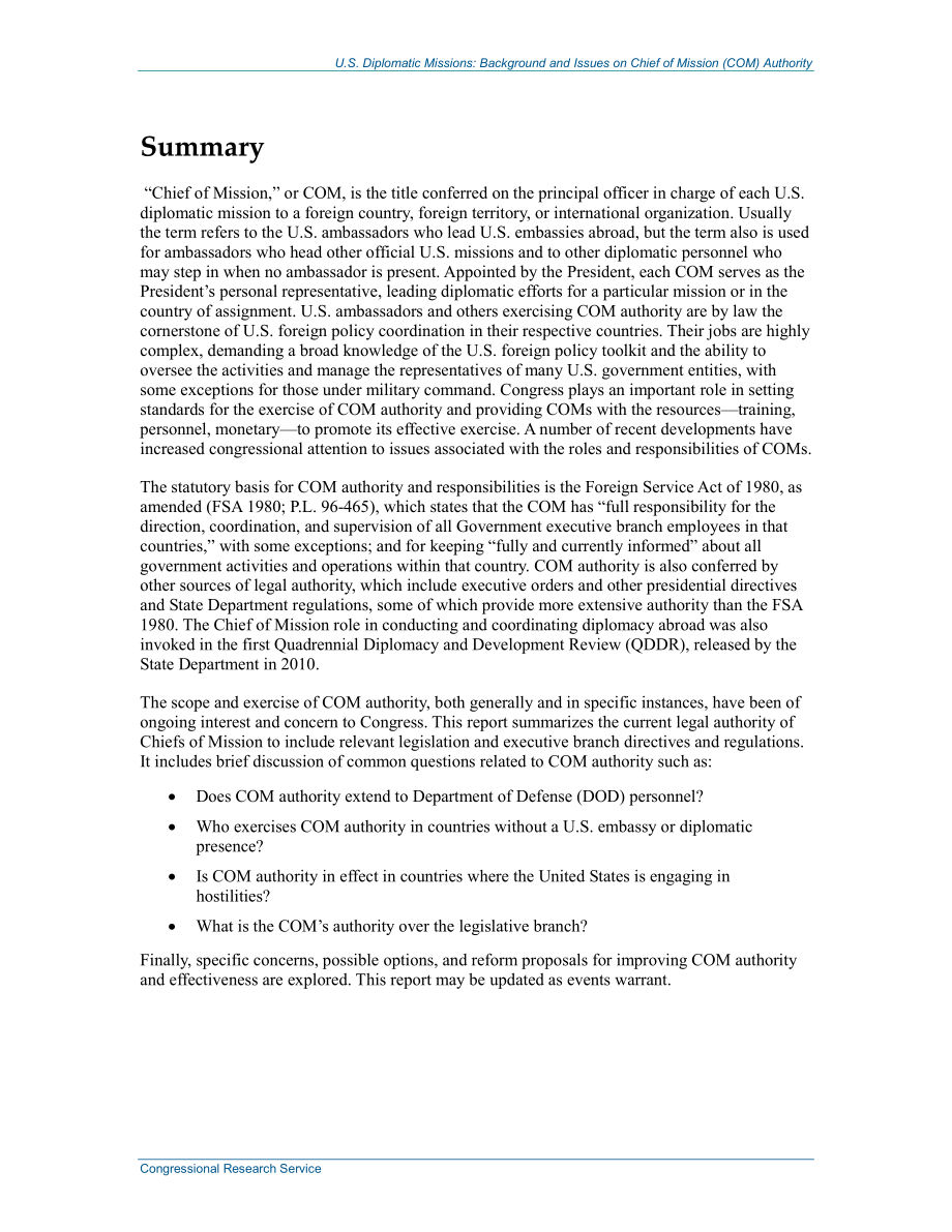 [20140310]R43422_美国外交使团：特派团团长（COM）授权的背景和问题.pdf_第2页