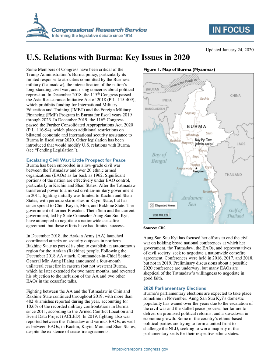 [20200124]IF11068_美国与缅甸的关系：2020年的关键问题.pdf_第1页