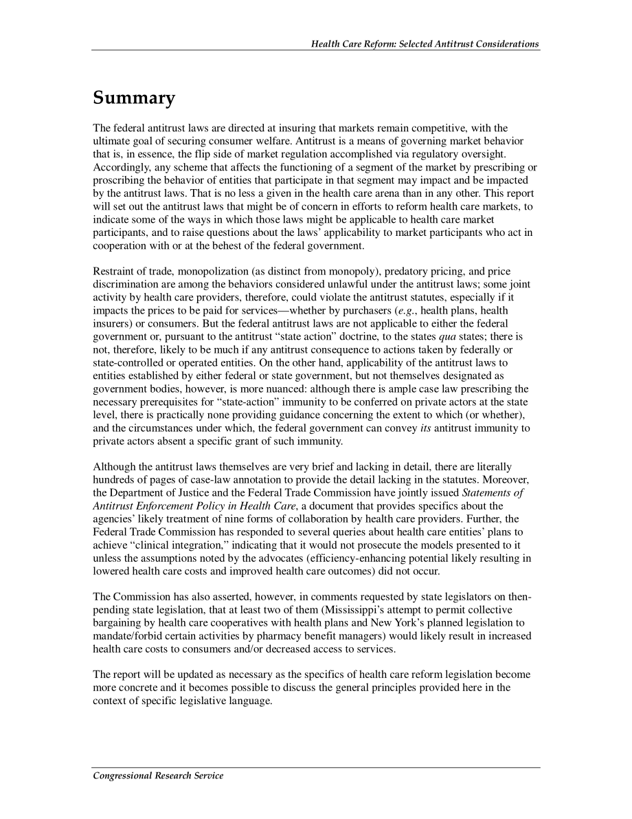 [20090831]R40794_医疗改革：选定的反垄断考虑因素.pdf_第2页