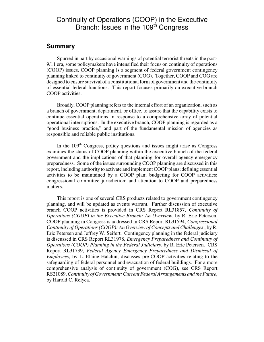 [20050131]RL32752_行政部门运营的连续性（COOP）：第109届国会的议题.pdf_第2页