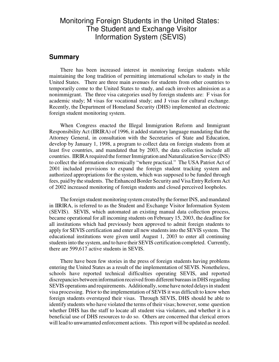 [20060124]RL32188_监控美国留学生：学生和交流访问者信息系统（SEVIS）.pdf_第2页