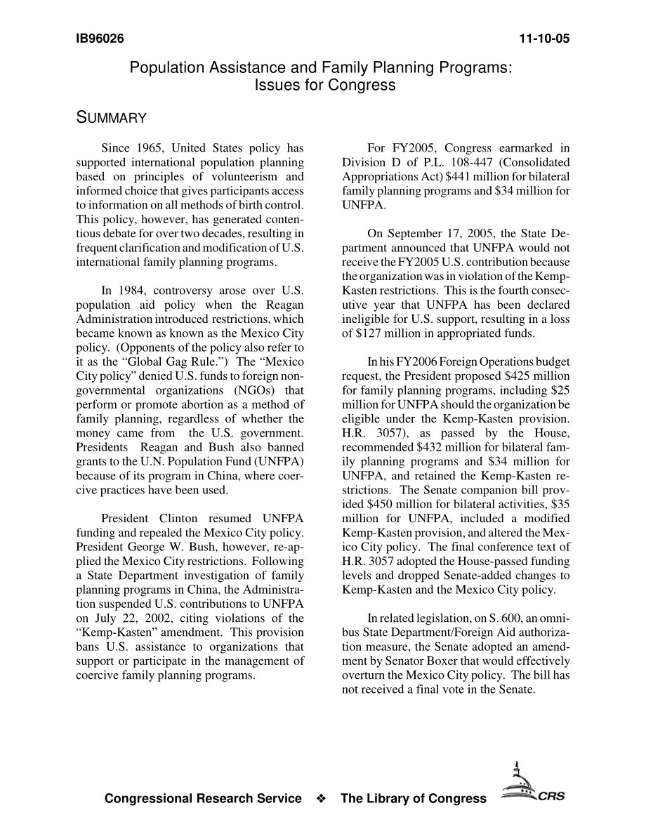 [20051110]IB96026_人口援助和计划生育方案：国会议题.pdf_第3页