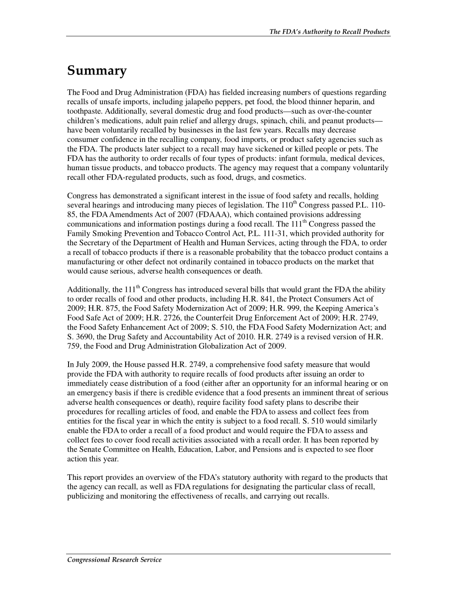 [20100804]RL34167_FDA召回产品的权力.pdf_第2页