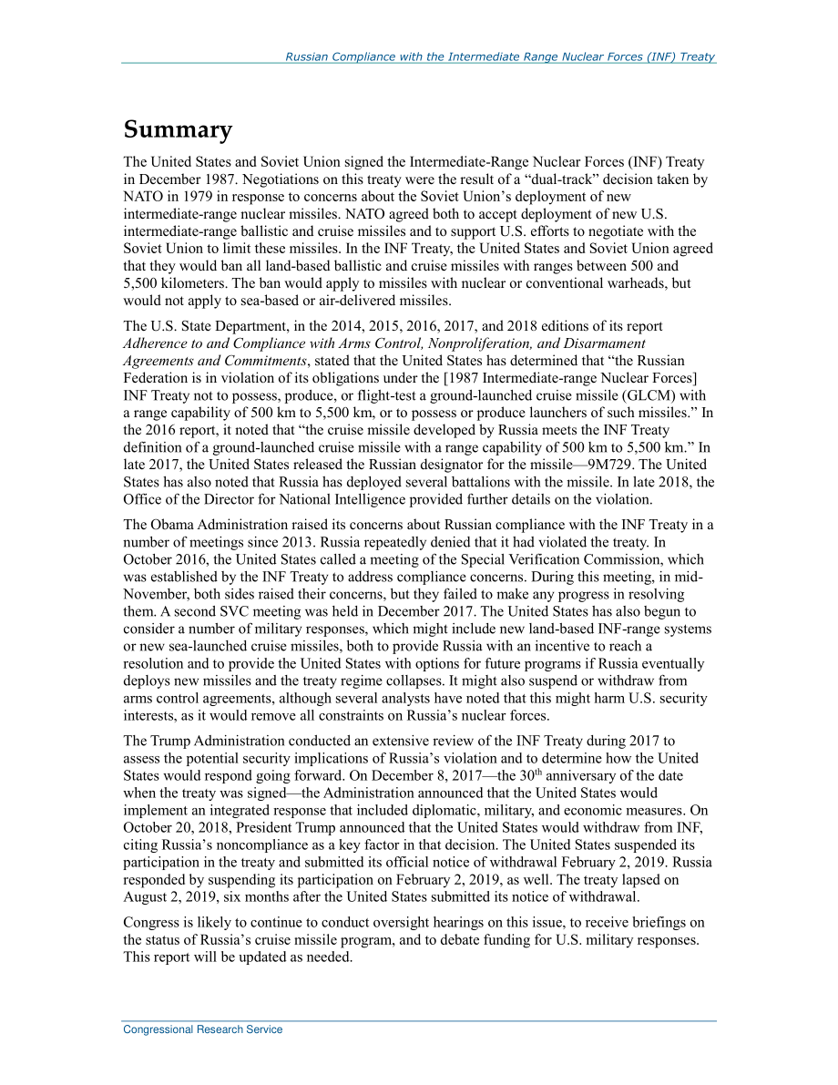 [20190802]R43832_俄罗斯遵守中程核力量条约：国会背景和议题.pdf_第2页