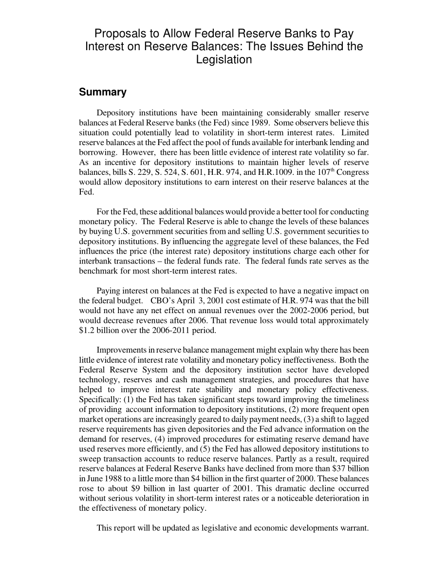 [20020305]RL30874_允许联邦储备银行支付准备金余额利息的提议：立法背后的问题.pdf_第2页