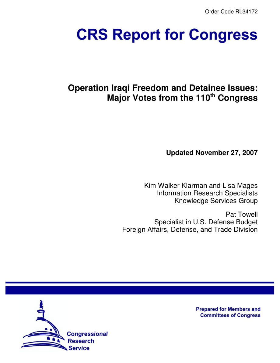 [20071127]RL34172_伊拉克自由行动和被拘留者问题：第110届国会的主要投票.pdf_第1页