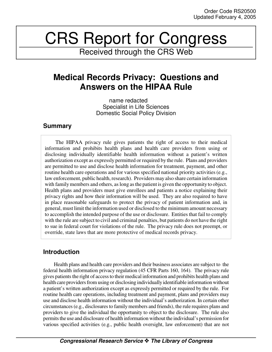 [20050204]RS20500_病历隐私：HIPAA规则问答.pdf_第1页