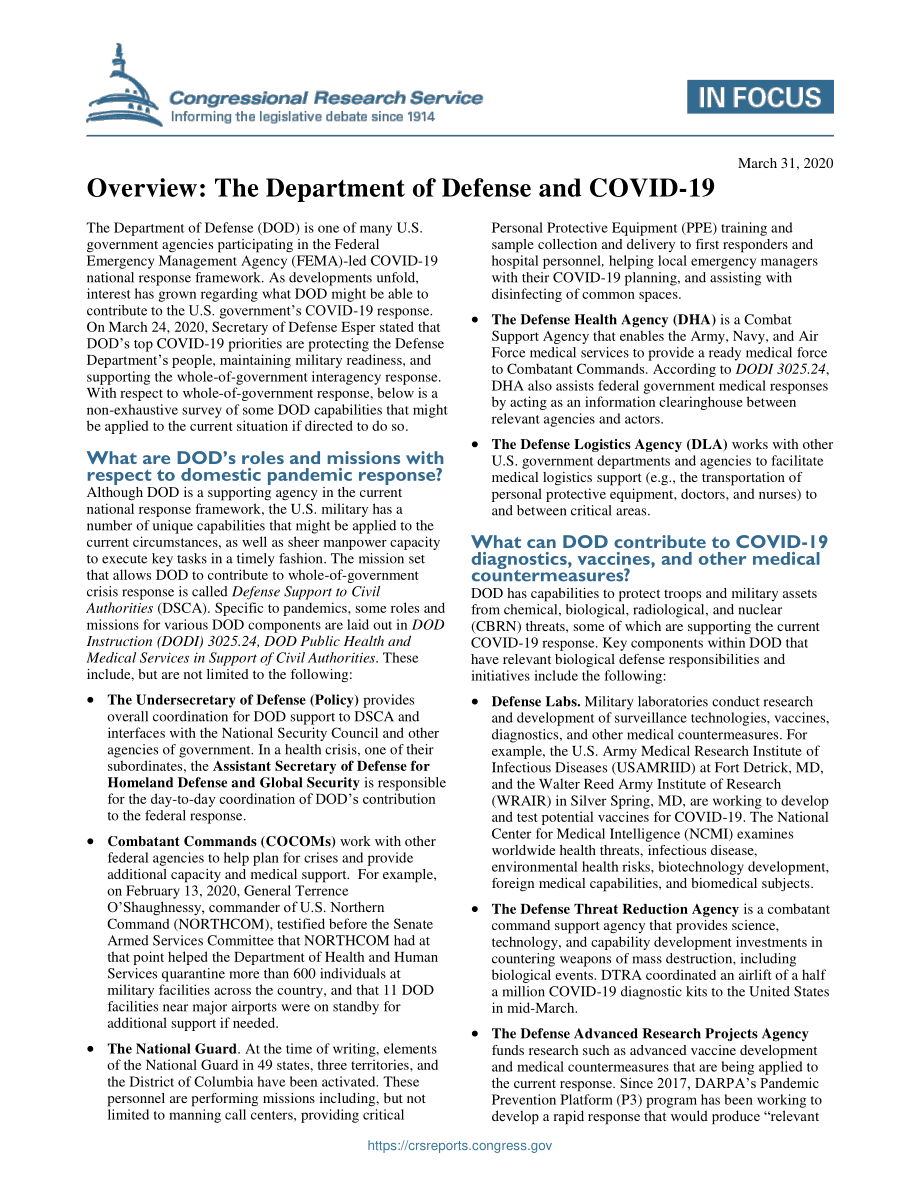 [20200331]IF11480_概述：国防部和2019冠状病毒疾病 .pdf_第1页
