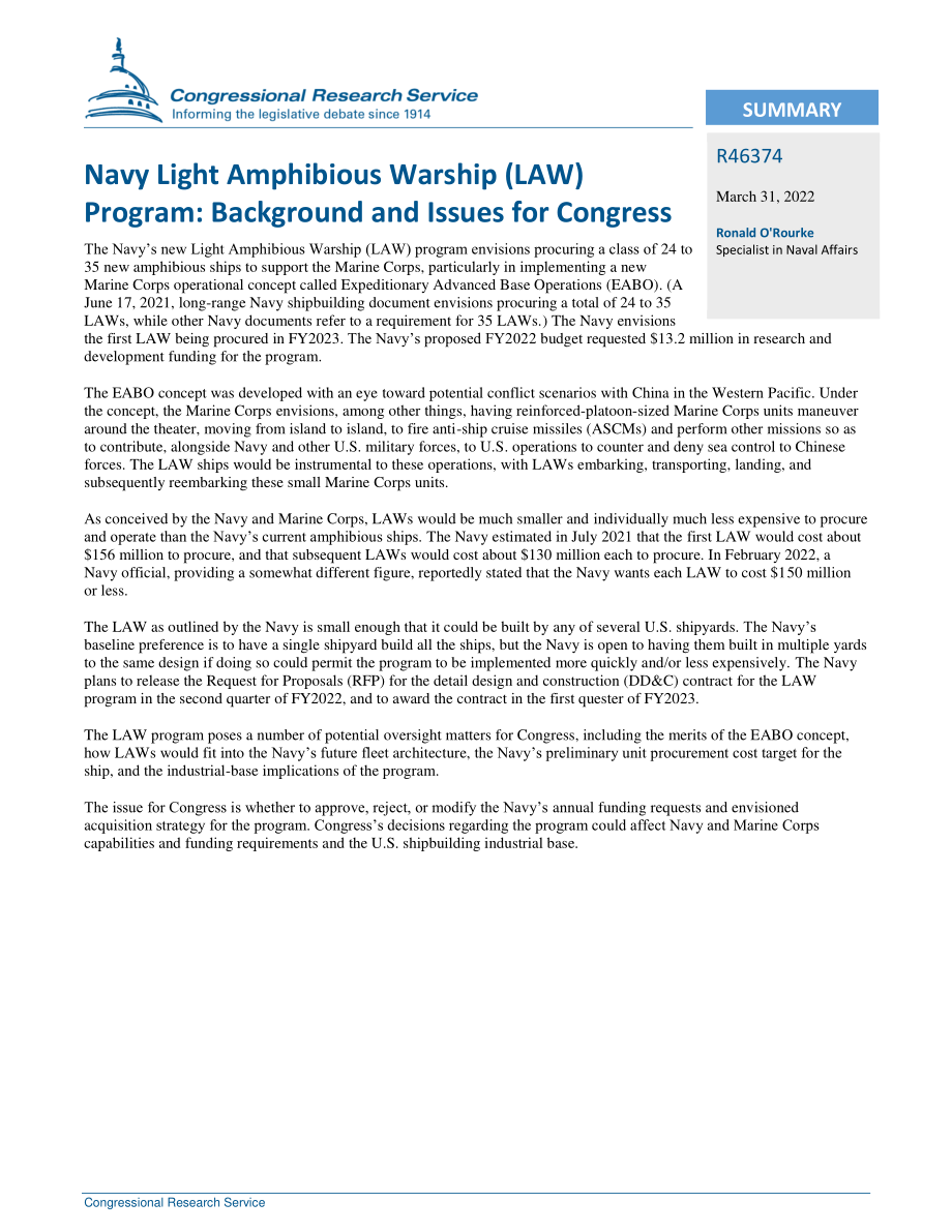 [20220331]R46374_海军轻型两栖战舰（法律）计划：国会背景和议题.pdf_第2页