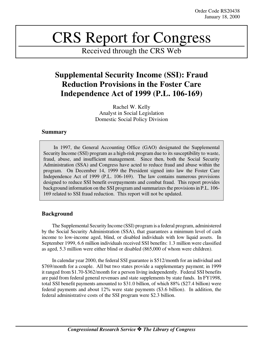 [20000118]RS20438_补充担保收入（SSI）：1999年《寄养独立法案》（P.L106-169).pdf_第1页