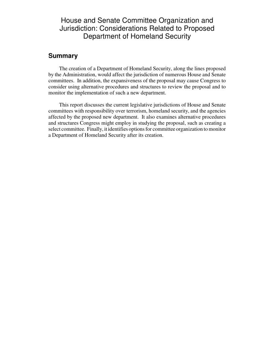 [20020610]RL31449_众议院和参议院委员会的组织和管辖权：与拟议的国土安全部有关的考虑.pdf_第2页