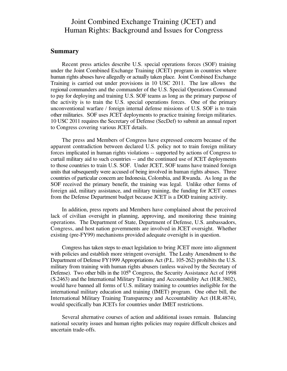 [19990126]RL30034_联合联合交流培训（JCET）与人权：国会背景和议题.pdf_第3页
