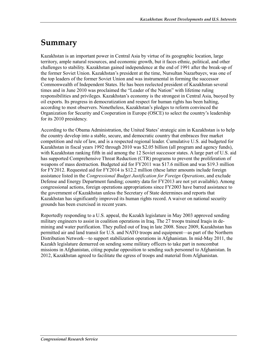 [20130722]97-1058_哈萨克斯坦：近期发展和美国利益.pdf_第2页