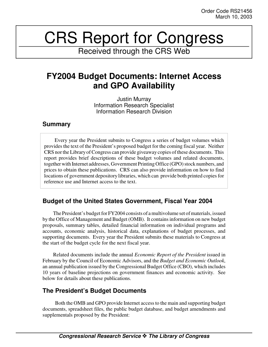[20030310]RS21456_2004财年预算文件：互联网接入和GPO可用性.pdf_第1页