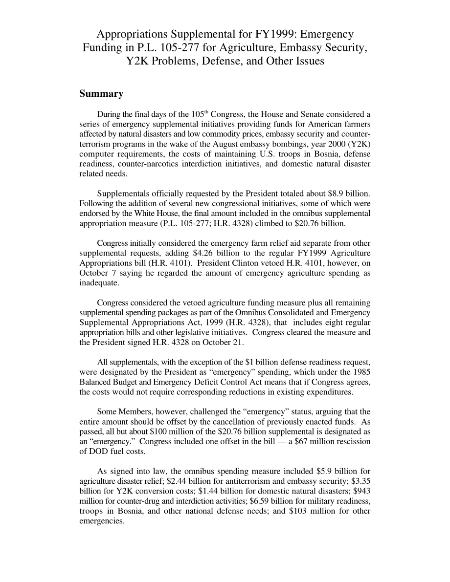 [19990225]RL30056_1999财年追加拨款：P.L.应急资金105-277农业、大使馆安全、Y2K问题、国防和其他问题.pdf_第3页