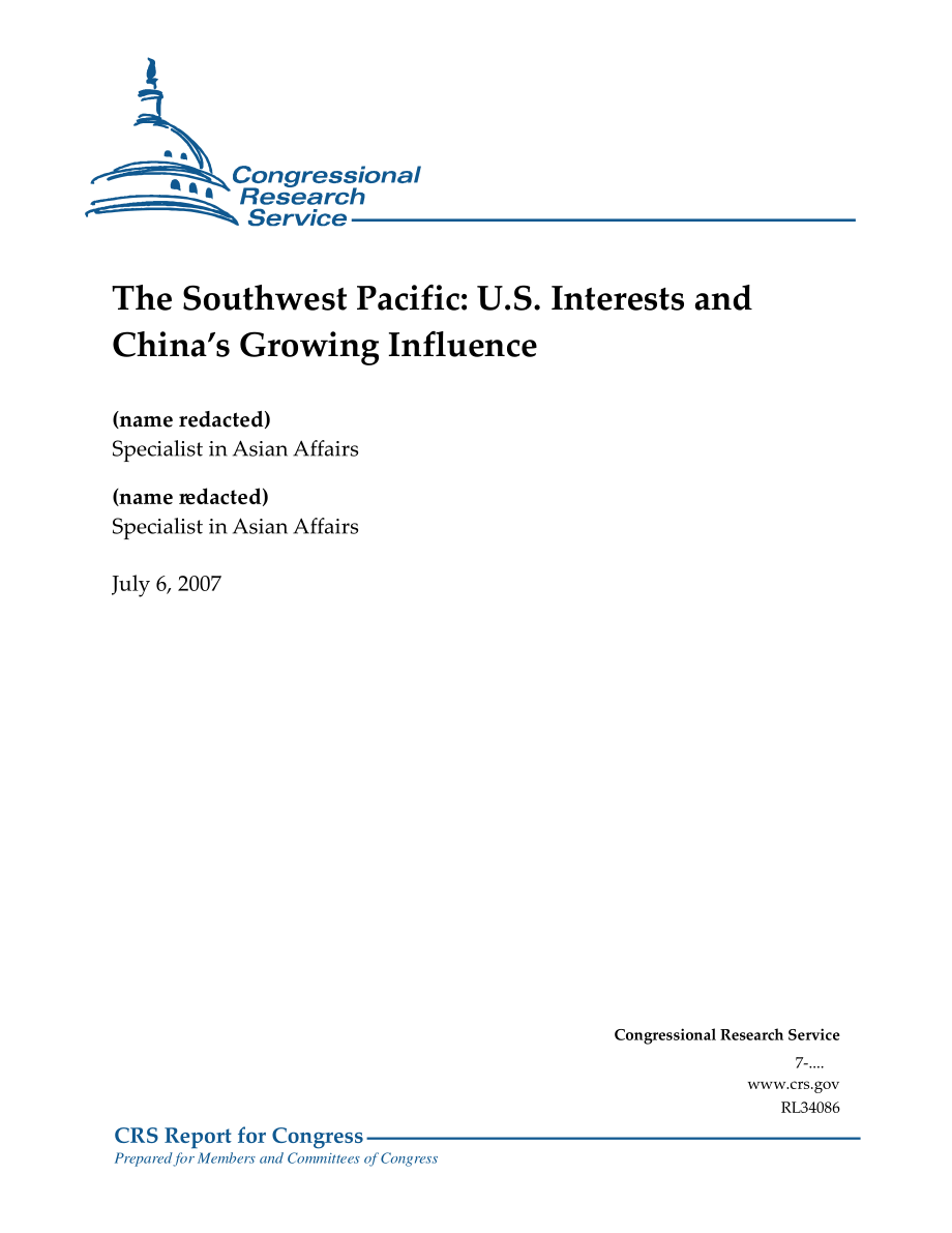 [20070706]RL34086_西南太平洋：美国利益与中国日益增长的影响力.pdf_第1页