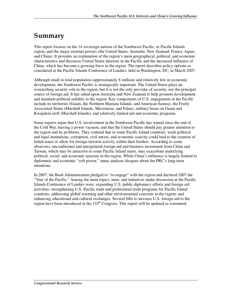 [20070706]RL34086_西南太平洋：美国利益与中国日益增长的影响力.pdf_第2页