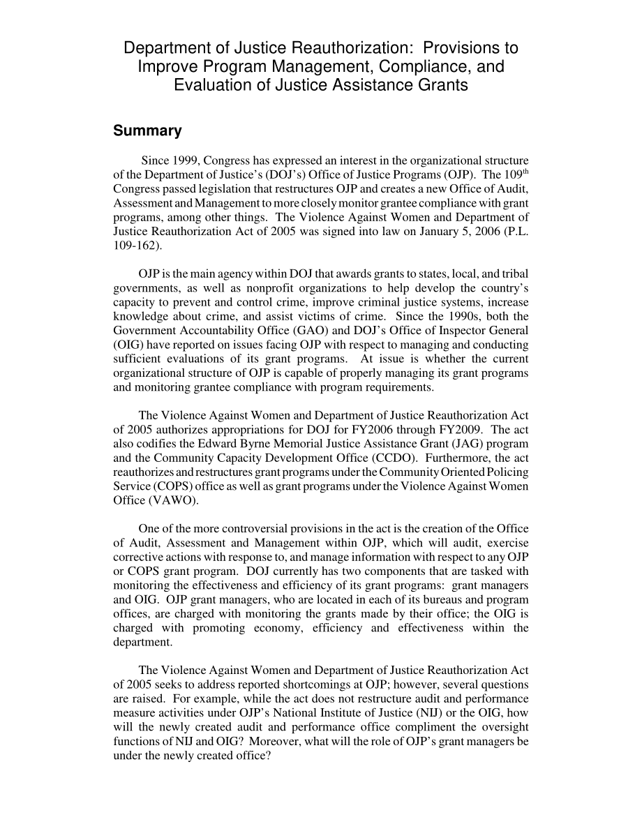 [20060110]RL33111_司法部重新授权：改善项目管理、合规性和司法援助拨款评估的规定.pdf_第2页