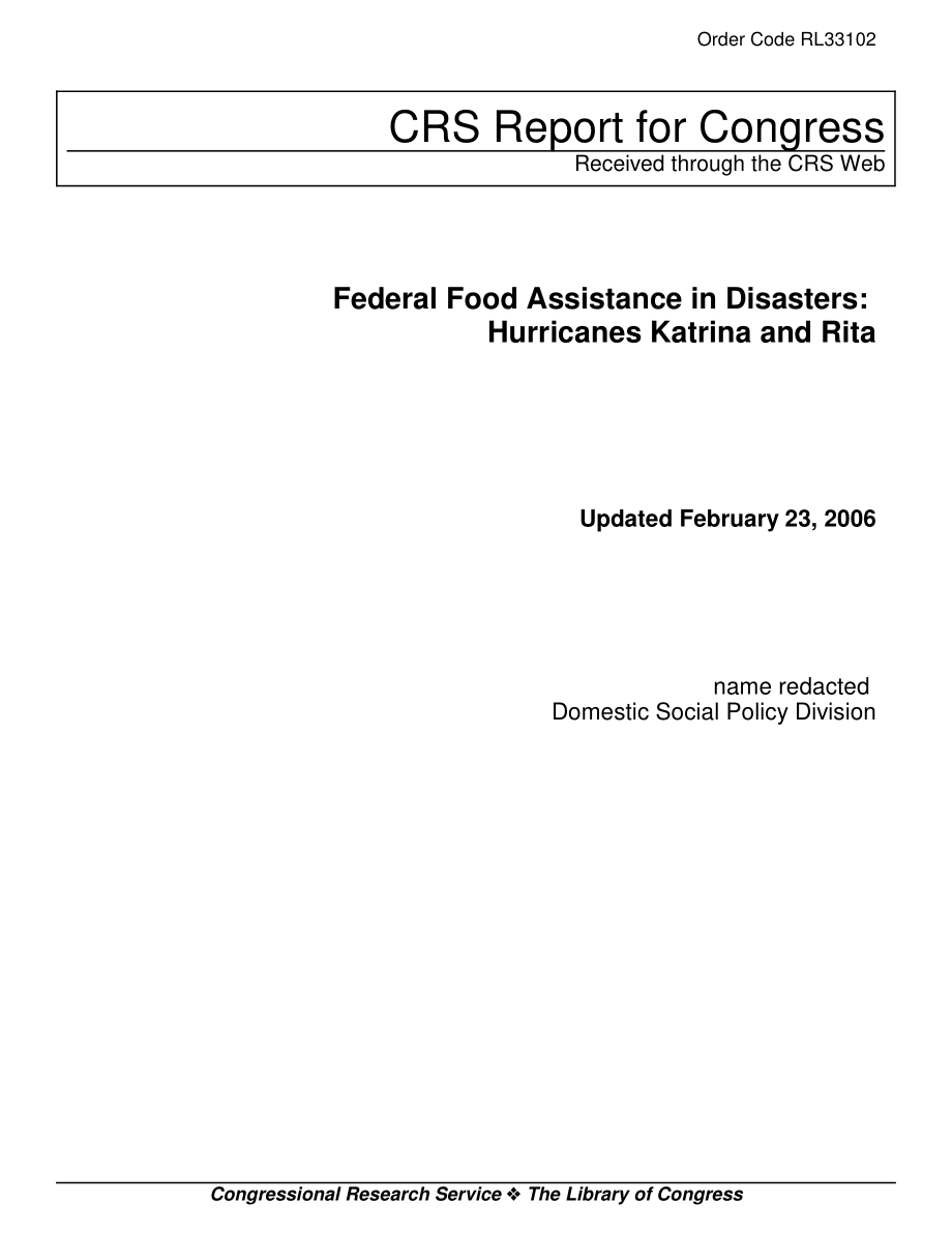 [20060223]RL33102_灾害中的联邦粮食援助：卡特里娜和丽塔飓风.pdf_第1页