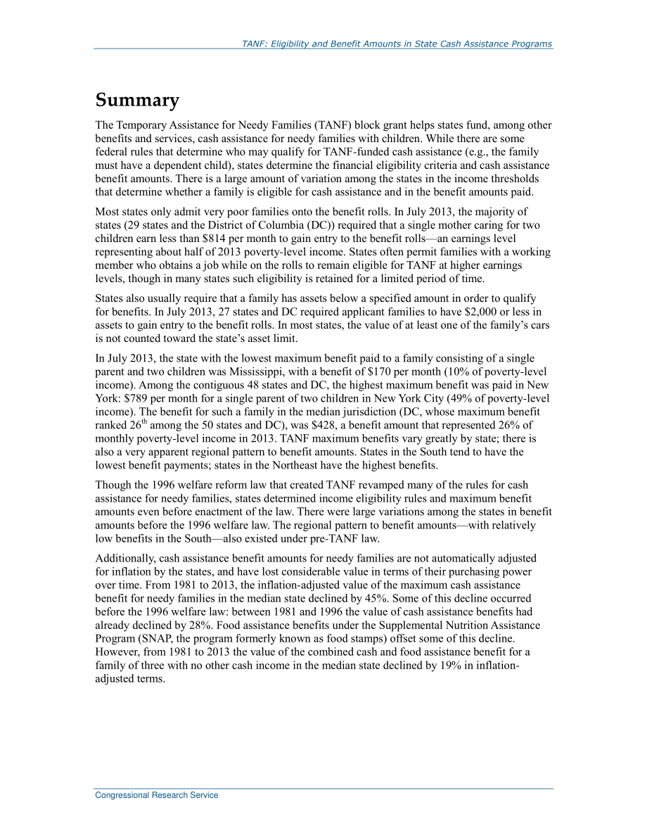 [20141230]R43634_贫困家庭临时援助（TANF）：州TANF现金援助计划中的资格和福利金额.pdf_第2页