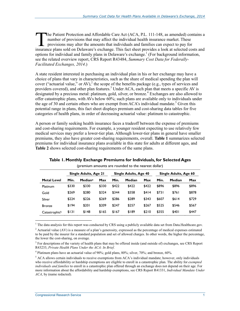 [20140729]R43499_特拉华州交易所2014年提供的健康计划成本汇总数据：情况说明书.pdf_第2页