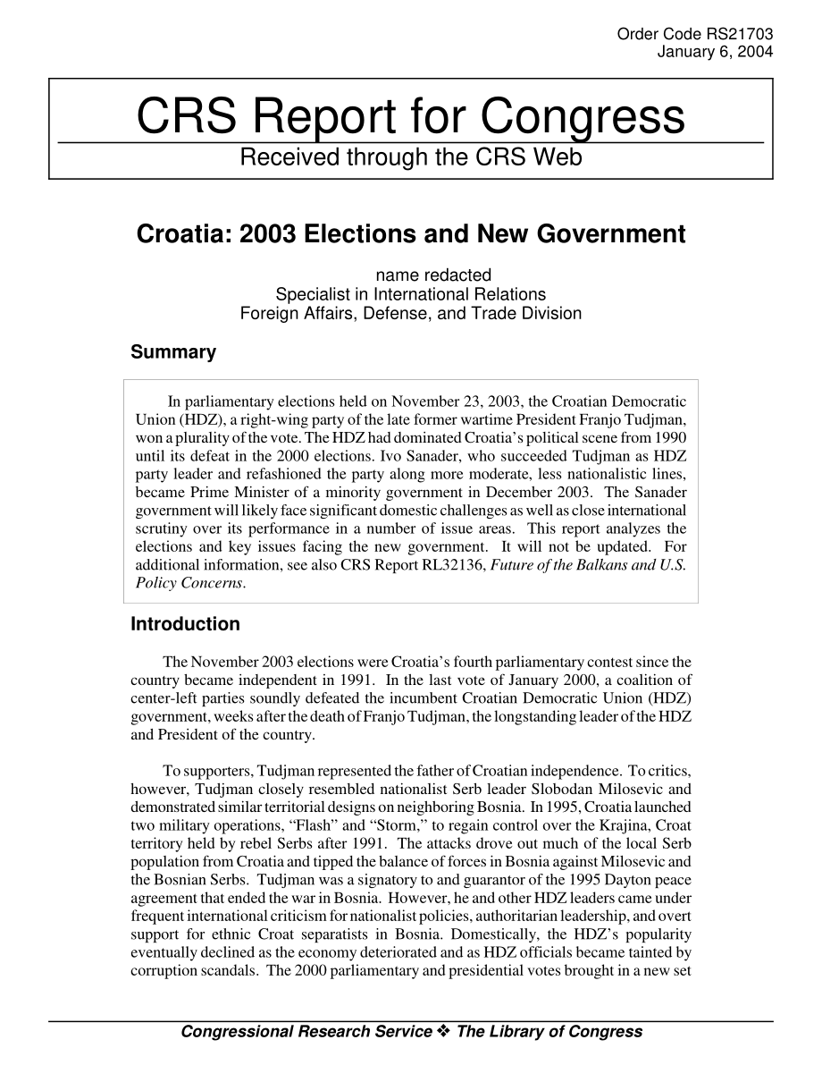 [20040106]RS21703_克罗地亚：2003年选举和新政府.pdf_第1页