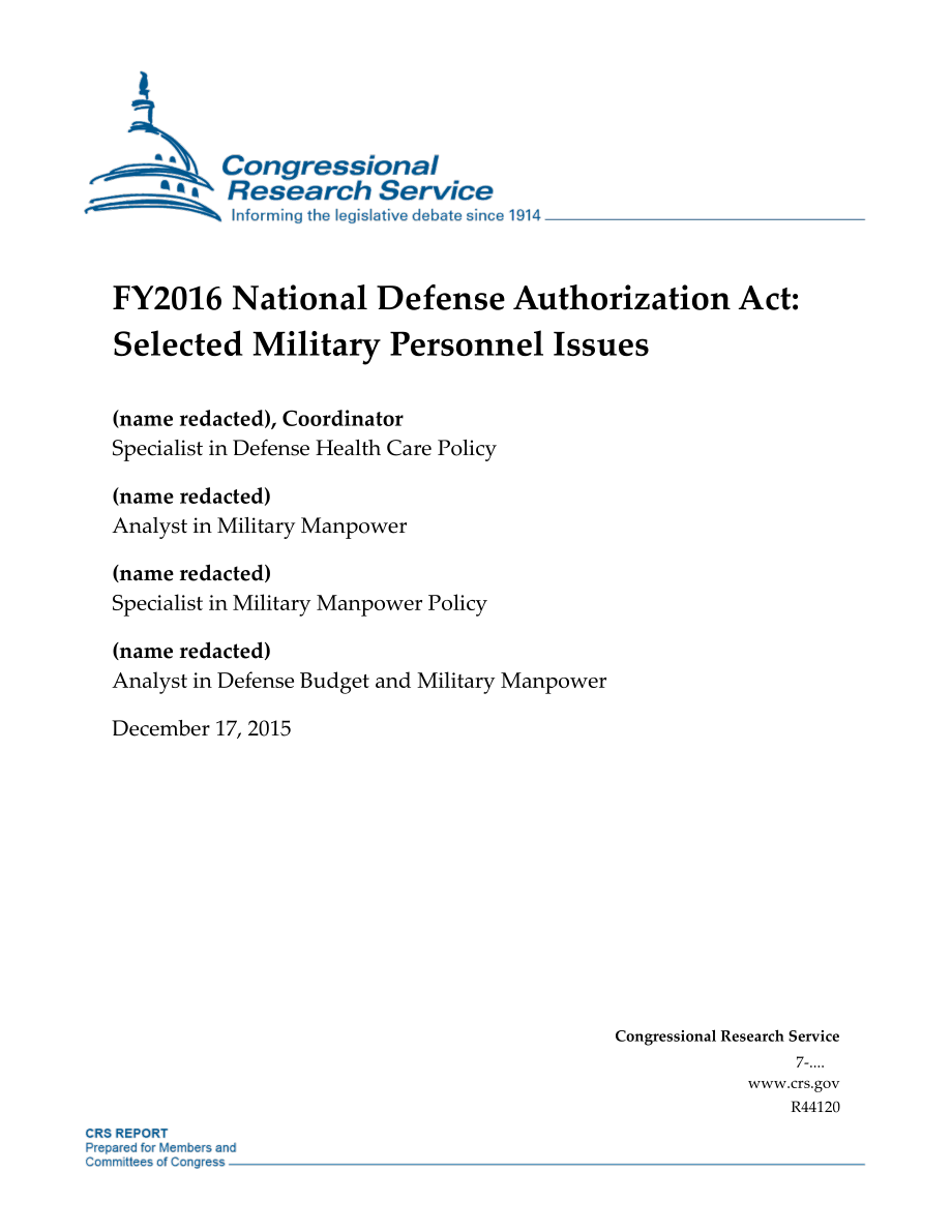 [20151217]R44120_2016财年国防授权法案：选定的军事人员问题.pdf_第1页