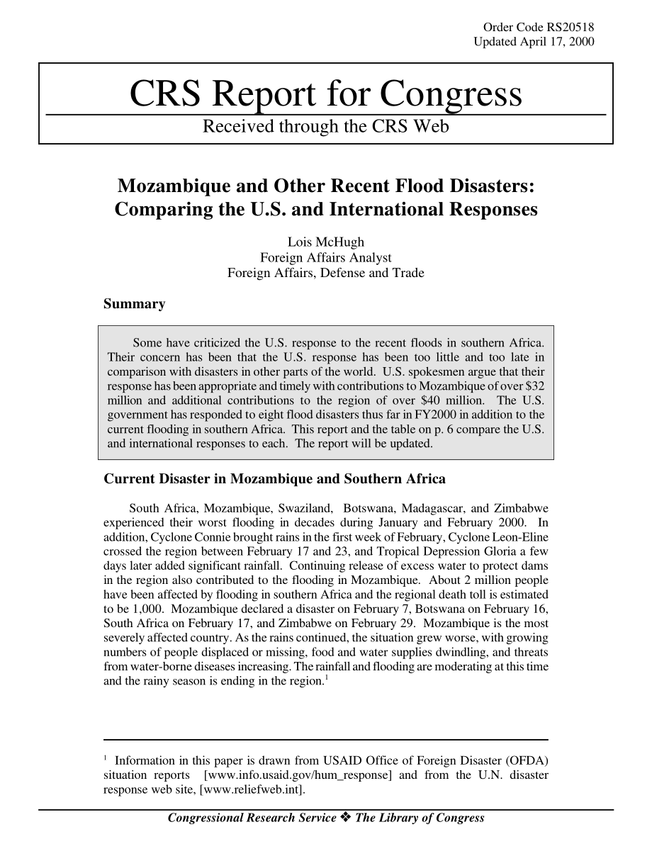 [20000417]RS20518_莫桑比克和其他近期洪灾：比较美国和国际的反应.pdf_第1页