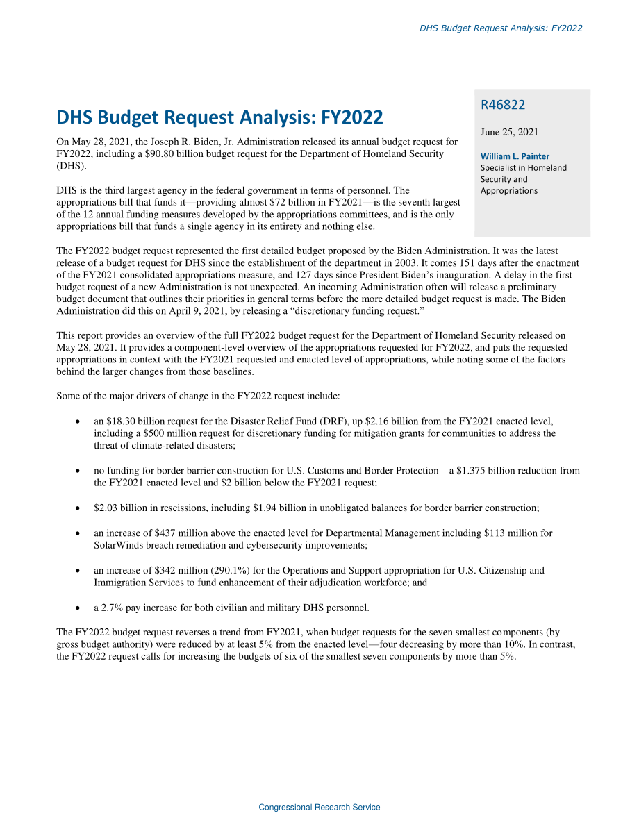 [20210625]R46822_DHS预算请求分析：2022财年.pdf_第2页