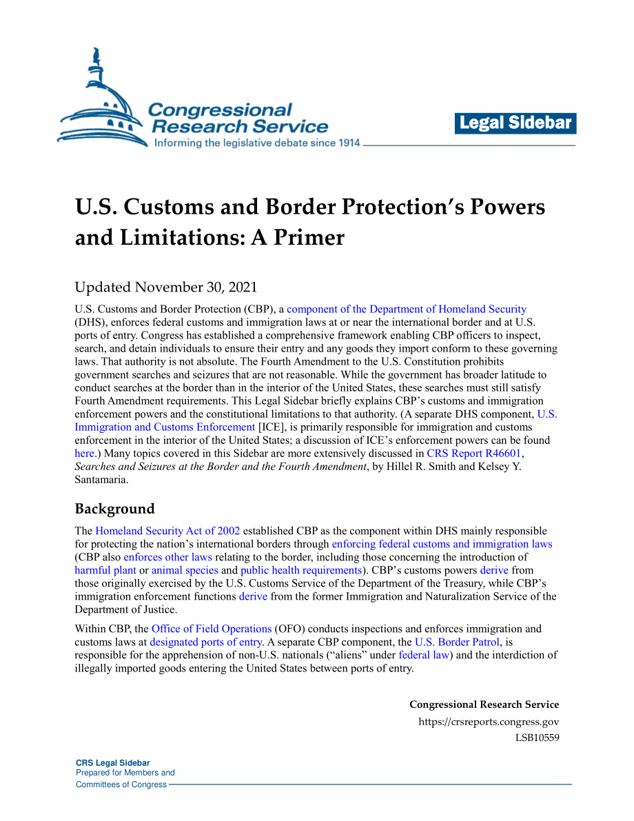 [20211130]LSB10559_美国海关和边境保护局的权力和限制：基础.pdf_第1页