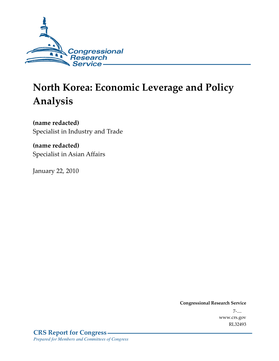 [20100122]RL32493_朝鲜：经济杠杆和政策分析.pdf_第1页
